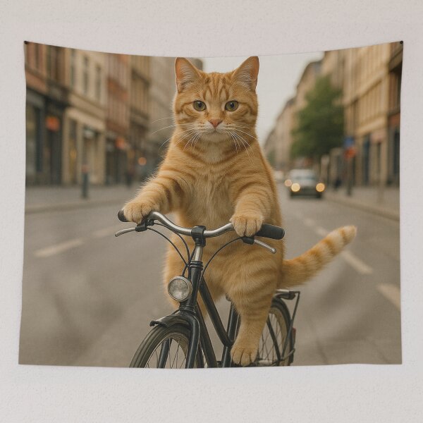 Item preview, Funny Cat Riding Bicycle in City designed and sold by pixelandpine.