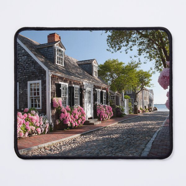 Item preview, Cape Cod Cottage Path with Pink Hydrangeas and Coastal View designed and sold by daila70.