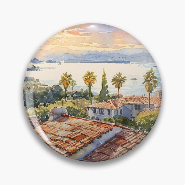 Artikelvorschau, Santa Barbara Sunset Coastal Village mit Terrakotta-Dächern und Palmen entworfen und verkauft von daila70.