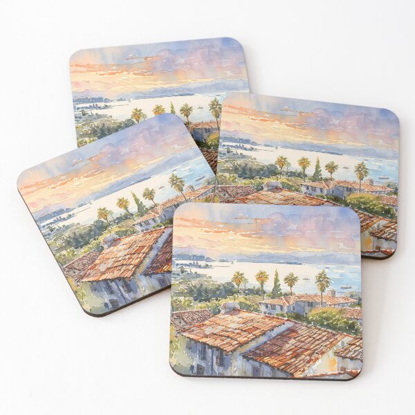 Item preview, Santa Barbara Sunset Coastal Village with Terracotta Roofs and Palm Trees designed and sold by daila70.
