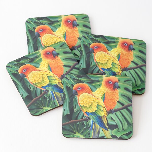 Item preview, Colorful Sun Conures on Branch - Exotic Jungle Illustration designed and sold by Ambiance Sauvage.