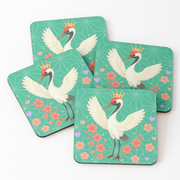 Item preview, Red-Crowned Crane with Plum Blossoms - Japanese Pattern Green designed and sold by HIMEKARI.