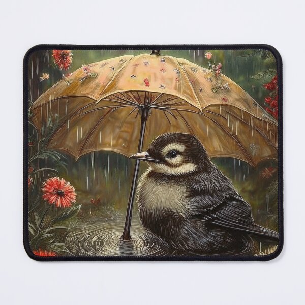 Item preview, Bird sitting in Puddle underneath Umbrella designed and sold by FlosArtPrintShop.