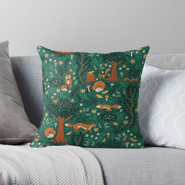 Foxes Playing in the Emerald Forest Throw Pillow