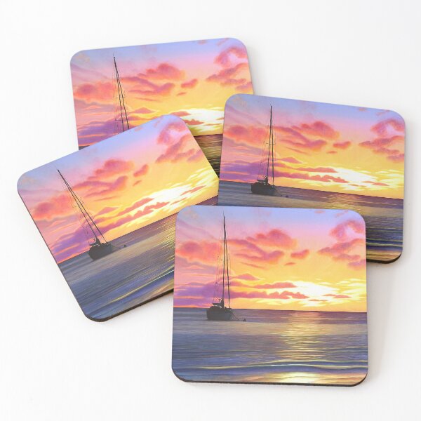 Item preview, Sunset in Tahiti over the Sea with a Boat – Exotic and Peaceful Illustration designed and sold by Ambiance Sauvage.