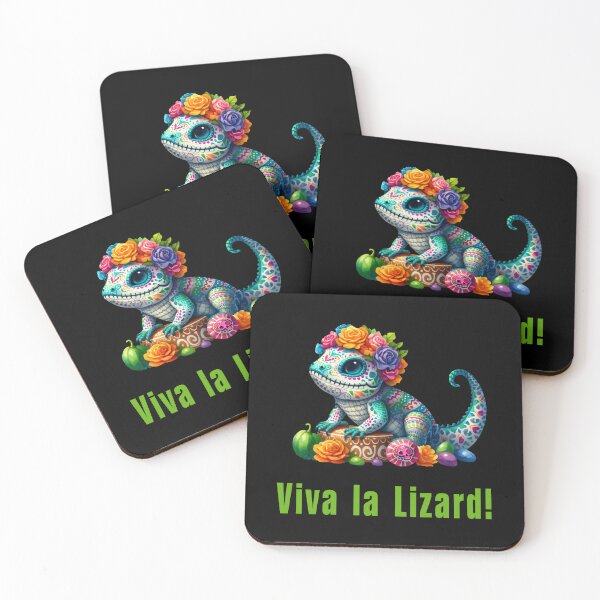 Item preview, Viva la Lizard! Vibrant floral lizard with sugar skull face in Mexican Day of the Dead style and text Viva la Lizard on black background designed and sold by All-Of-Art.