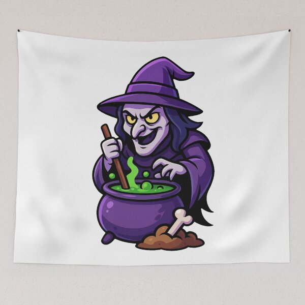 Item preview, Evil Wicked Witch Stirring Green Poison Potion in Cauldron with Creepy Smile Halloween Dark Cartoon Horror Style designed and sold by Mimoshi ⭐⭐⭐⭐⭐.