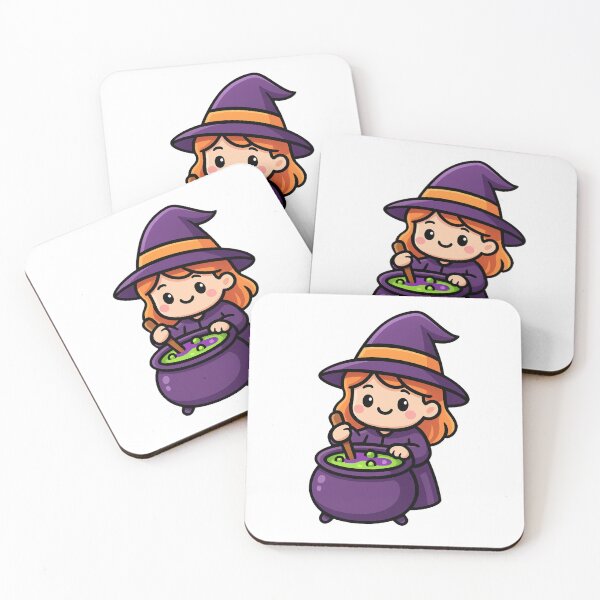 Item preview, Cute Little Witch Stirring Magic Potion in Cauldron with Cheerful Smile Halloween Cartoon Style Illustration Artwork designed and sold by Mimoshi ⭐⭐⭐⭐⭐.