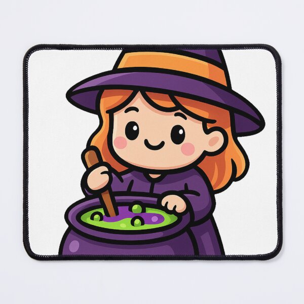 Item preview, Cute Little Witch Stirring Magic Potion in Cauldron with Cheerful Smile Halloween Cartoon Style Illustration Artwork designed and sold by Mimoshi ⭐⭐⭐⭐⭐.