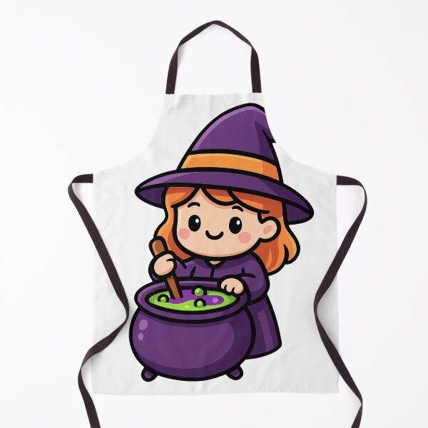 Item preview, Cute Little Witch Stirring Magic Potion in Cauldron with Cheerful Smile Halloween Cartoon Style Illustration Artwork designed and sold by Mimoshi ⭐⭐⭐⭐⭐.