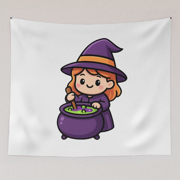 Item preview, Cute Little Witch Stirring Magic Potion in Cauldron with Cheerful Smile Halloween Cartoon Style Illustration Artwork designed and sold by Mimoshi ⭐⭐⭐⭐⭐.
