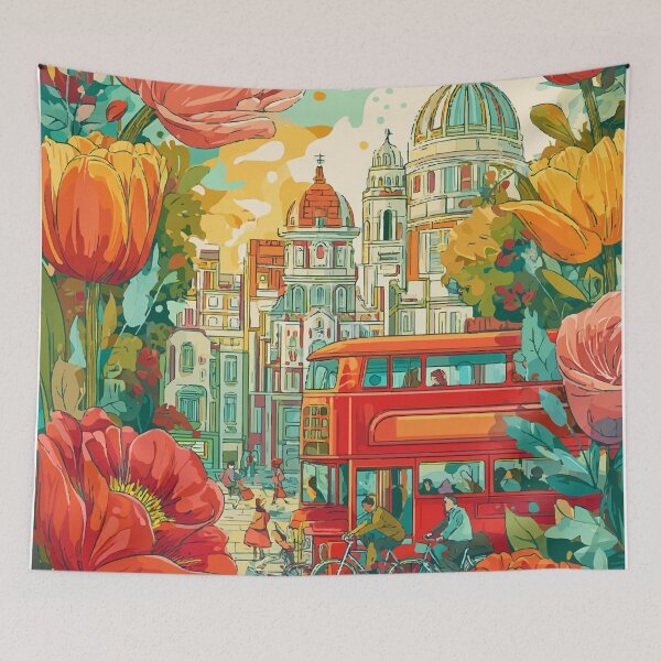 Artikelvorschau, Florale Stadtlandschaft mit rotem Bus – Lebendige urbane Reisekunst entworfen und verkauft von Moss and Moon Studio.