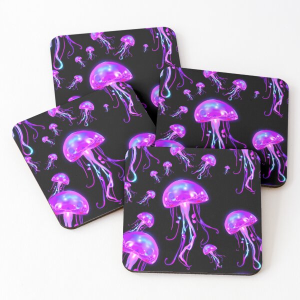 Item preview, Neon Glowing Jellyfish Pattern – Vibrant Purple and Blue on Dark Background designed and sold by FestivityFinds.