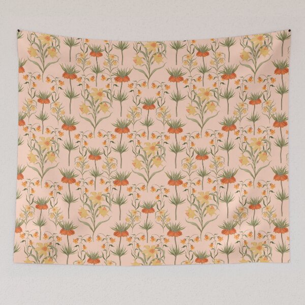 Item preview, Fritillaria imperialis rubra and narcissus. Botanical pattern. Bright floral contrast pattern painted by hand. designed and sold by Grin Katalina Floral Patterns & Cozy Art.