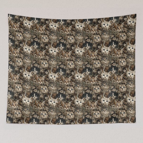 Item preview, An intricate and detailed vintage illustration featuring a close-up of various fluffy cats with bright eyes amidst lush, ornate floral foliage in sepia tones. designed and sold by ArtifactVault.