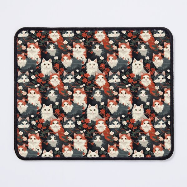 Item preview, A detailed and ornate Victorian-style pattern featuring a tight grouping of fluffy cats of various colors surrounded by black and red flowers and leaves. designed and sold by ArtifactVault.
