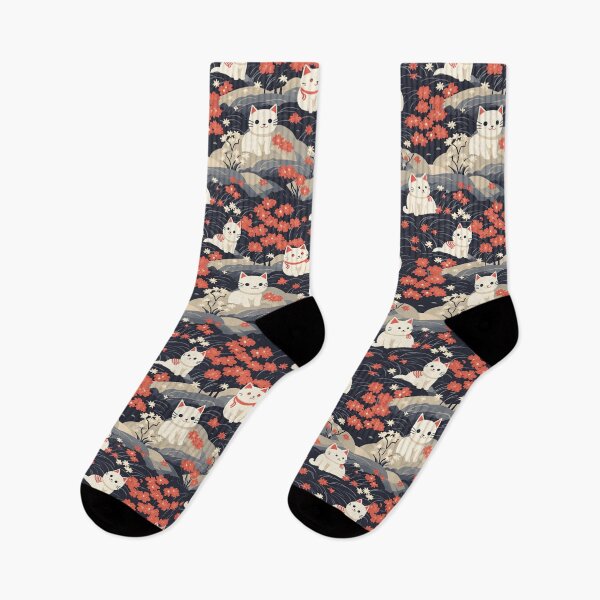 Item preview, A charming, minimalist, Japanese-style illustration of cute white cats sitting amongst vibrant red and white flowers on a dark background. designed and sold by ArtifactVault.