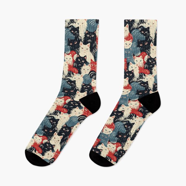 Item preview, A bold and graphic pop art style illustration featuring a tight-knit cluster of various fluffy felines in black, white, red, and blue. designed and sold by ArtifactVault.