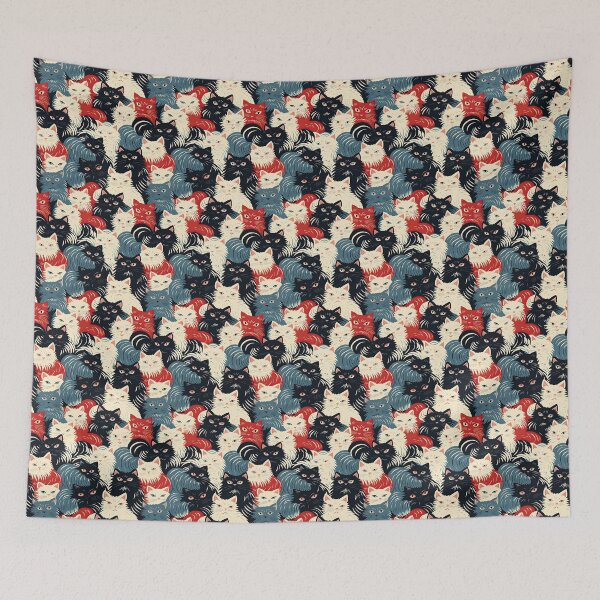 Item preview, A bold and graphic pop art style illustration featuring a tight-knit cluster of various fluffy felines in black, white, red, and blue. designed and sold by ArtifactVault.