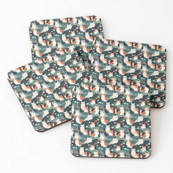 Item preview, A whimsical, fluffy, watercolor depiction of various cats of different colors peeking out from a dense dark blue and green bush with white flowers. designed and sold by ArtifactVault.