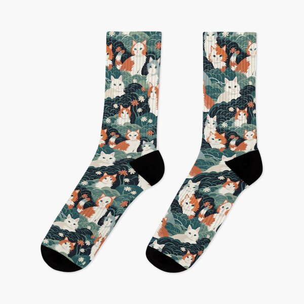 Item preview, A whimsical, fluffy, watercolor depiction of various cats of different colors peeking out from a dense dark blue and green bush with white flowers. designed and sold by ArtifactVault.