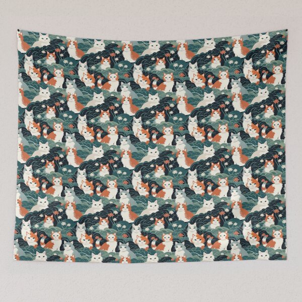Item preview, A whimsical, fluffy, watercolor depiction of various cats of different colors peeking out from a dense dark blue and green bush with white flowers. designed and sold by ArtifactVault.