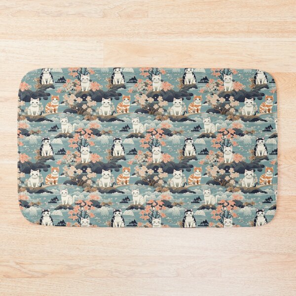 Item preview, A serene watercolor painting of fluffy cats lounging on rocks, surrounded by cherry blossoms and blue water, in a tranquil, nature-filled, Japanese-inspired landscape. designed and sold by ArtifactVault.