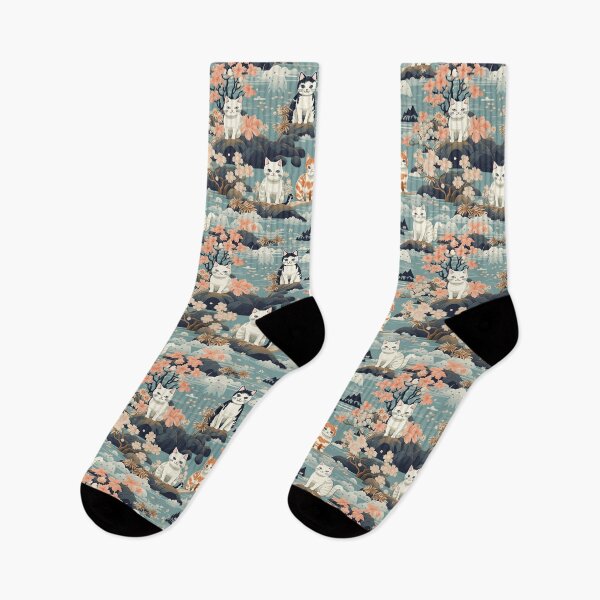 Item preview, A serene watercolor painting of fluffy cats lounging on rocks, surrounded by cherry blossoms and blue water, in a tranquil, nature-filled, Japanese-inspired landscape. designed and sold by ArtifactVault.