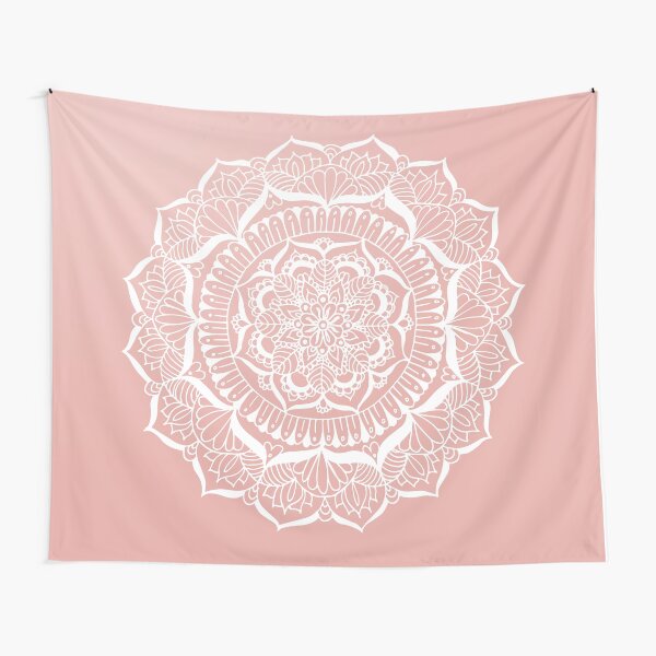 White Flower Mandala on Rose Gold Tapestry
