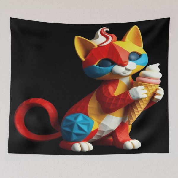 Item preview, Colorful Waffle Kitten Holding Ice Cream - Geometric Fantasy Sculpture. designed and sold by Ralek.