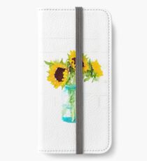 Sonnenblumen in einem Vintage Blue Mason Jar iPhone Flip-Case/Hülle/Klebefolie