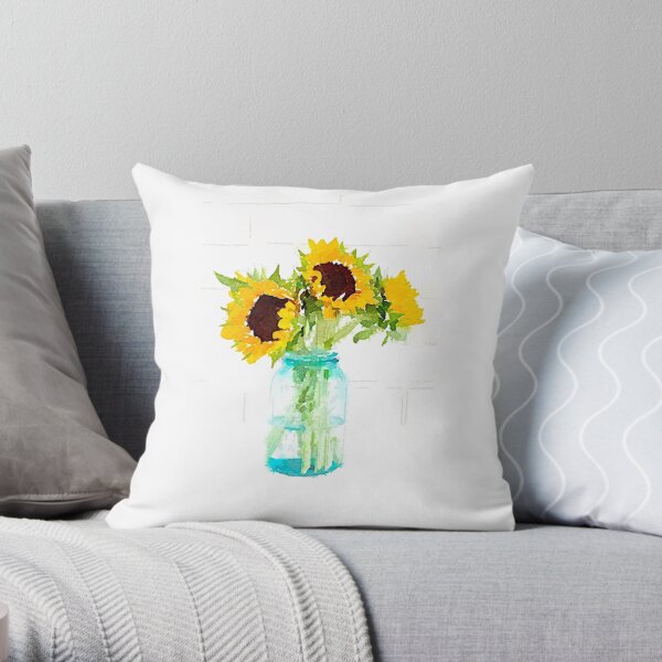Sunflowers in a Vintage Blue Mason Jar Throw Pillow