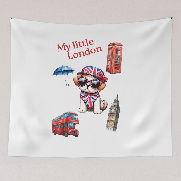 Item preview, My little London, red bus, English cocker spaniel, red phone box, rain, Big Ben designed and sold by Coolparrotgirl.