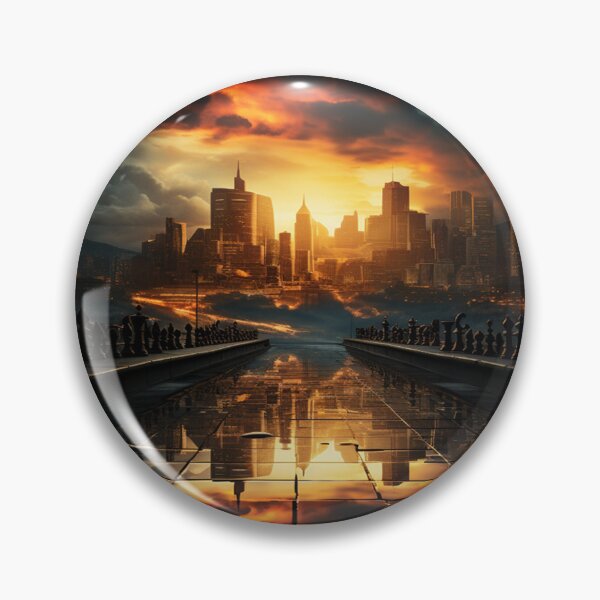 Item preview, Atardecer ardiente sobre ciudad futurista – Arte dramático urbano designed and sold by ElGrandeDesign.