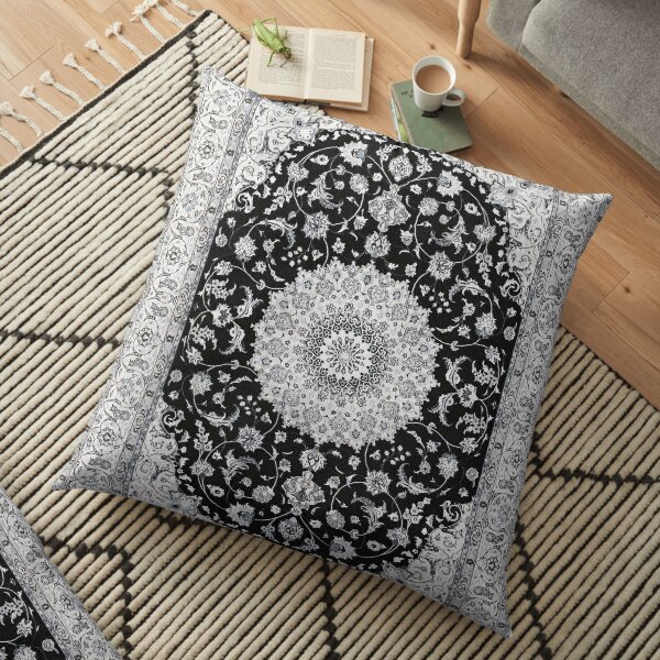 Silver Black Antique Persian Carpet Print Floor Pillow