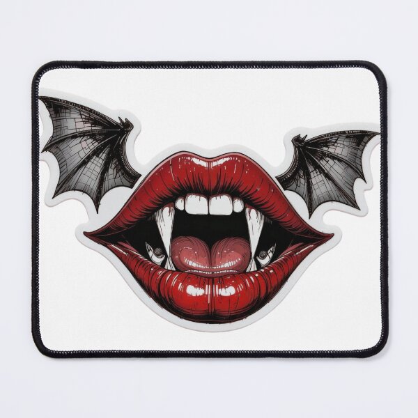 Item preview, Glossy Red Lips with Vampire Fangs and Bat Wings on Black Background designed and sold by Creative88Art.