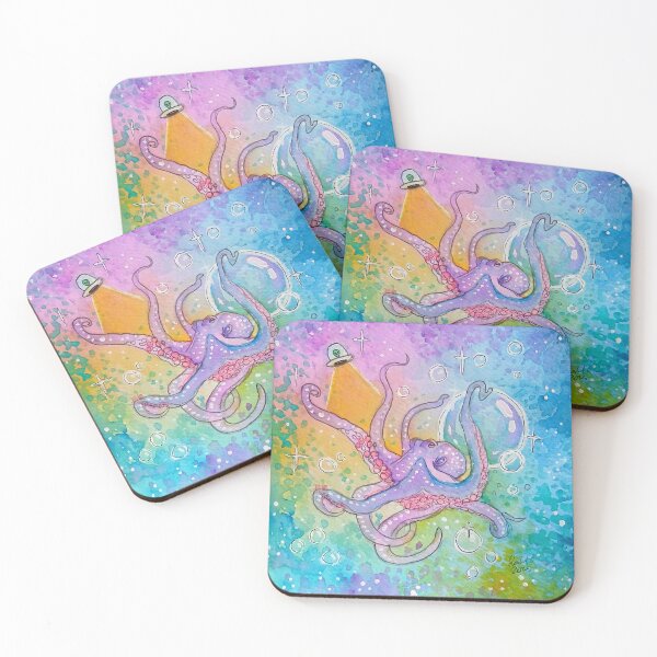 Item preview, Space octopus Alien UFO Bubbles sky night stars moon designed and sold by RLawrenceArt.