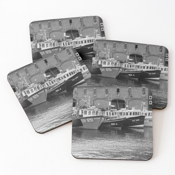 Item preview, Fishing boats moored outside Scarborough fish market in black and white designed and sold by yackers1.