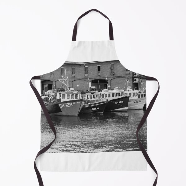 Item preview, Fishing boats moored outside Scarborough fish market in black and white designed and sold by yackers1.
