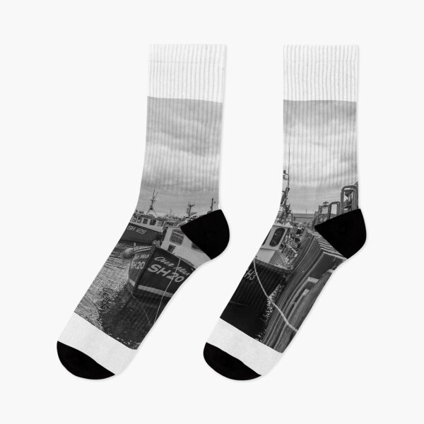 Item preview, Commercial fishing boats in the harbour in black and white designed and sold by yackers1.