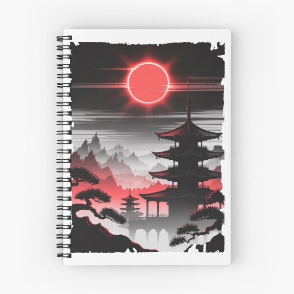 Item preview, Red Eclipse Over Japanese Pagoda – Dark Oriental Landscape designed and sold by Enea Kelo.