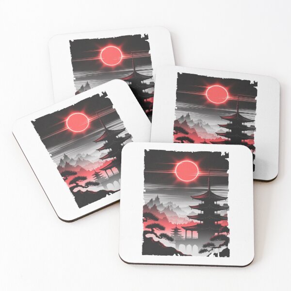 Item preview, Red Eclipse Over Japanese Pagoda – Dark Oriental Landscape designed and sold by Enea Kelo.