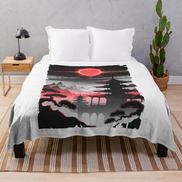 Item preview, Red Eclipse Over Japanese Pagoda – Dark Oriental Landscape designed and sold by Enea Kelo.