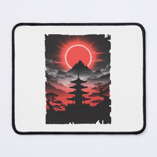 Item preview, Red Eclipse Over Japanese Pagoda – Dark Oriental Landscape designed and sold by Enea Kelo.