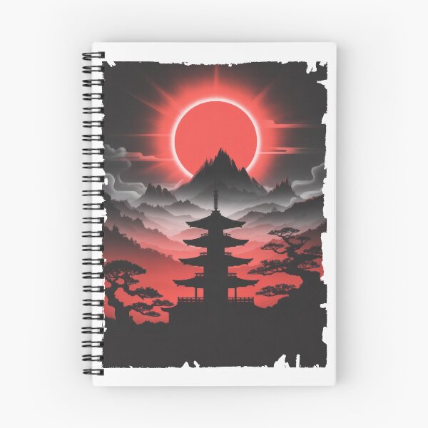 Item preview, Red Eclipse Over Japanese Pagoda – Dark Oriental Landscape designed and sold by Enea Kelo.