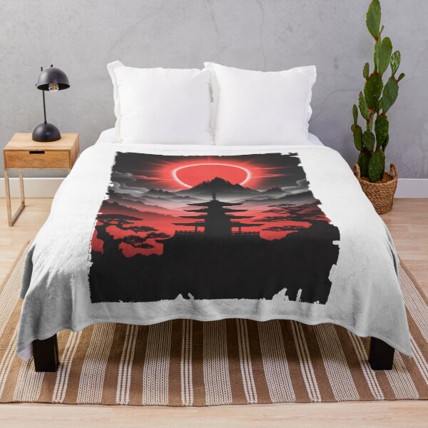 Item preview, Red Eclipse Over Japanese Pagoda – Dark Oriental Landscape designed and sold by Enea Kelo.