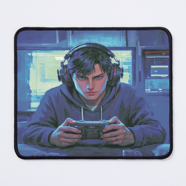 Artikelvorschau, Intensive Gamer-Vibes – Digitale Kunst eines konzentrierten Gaming-Typen im blauen Setup entworfen und verkauft von A2JRetro.