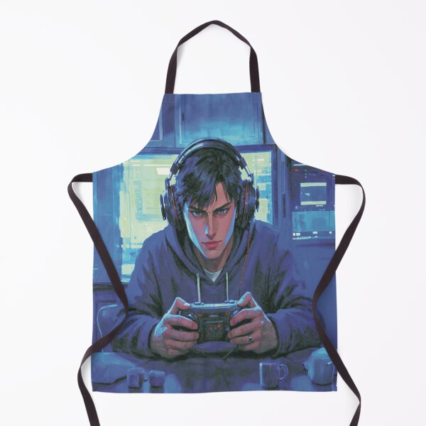Artikelvorschau, Intensive Gamer-Vibes – Digitale Kunst eines konzentrierten Gaming-Typen im blauen Setup entworfen und verkauft von A2JRetro.