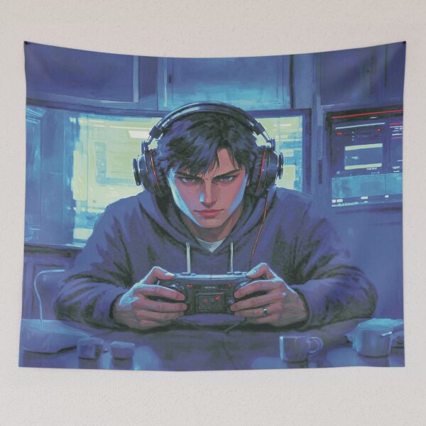 Artikelvorschau, Intensive Gamer-Vibes – Digitale Kunst eines konzentrierten Gaming-Typen im blauen Setup entworfen und verkauft von A2JRetro.