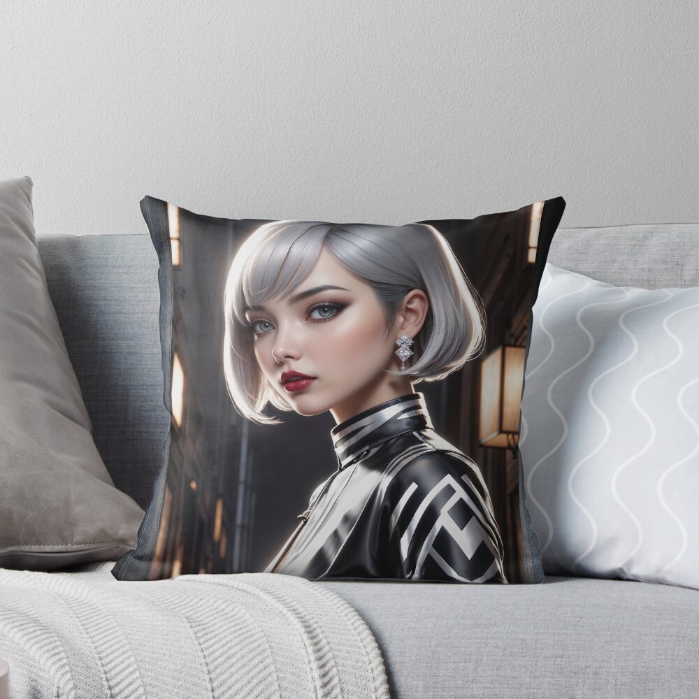 Silver Beauty Ieshatae Nimea A Portrait Of Modern Elegance Stunning AI Concept Art by Xzendor7 Decorative Art Print Throw Pillow